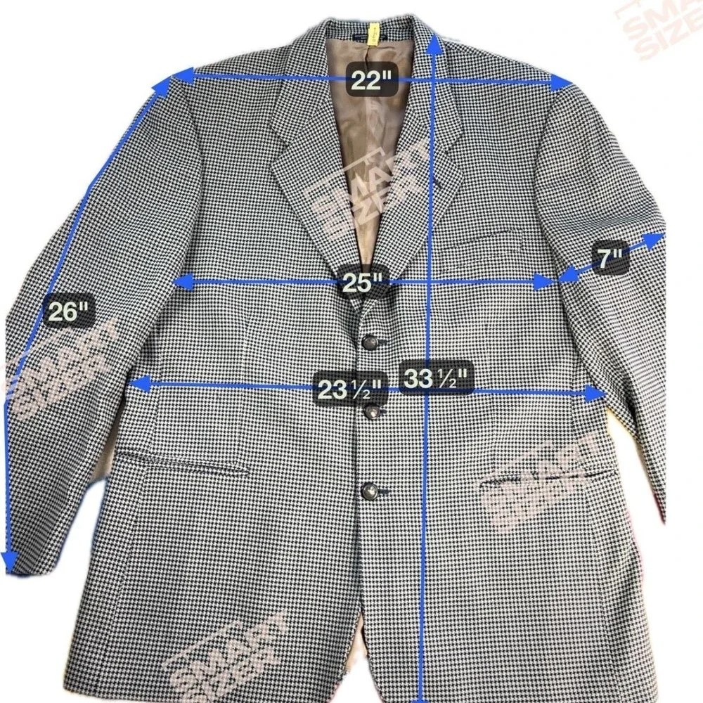 Mens Vintage Sport Coat Navy Tan Houndstooth Wool‎ Blazer Italy Galliani 48 50